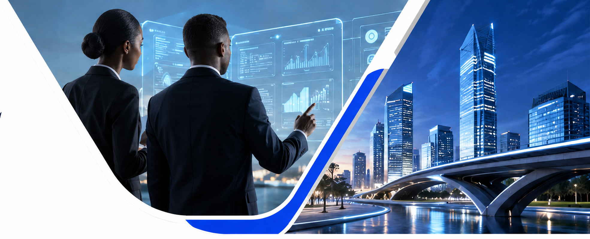 Two Black African executives reviewing digital dashboards beside a modern blue city
