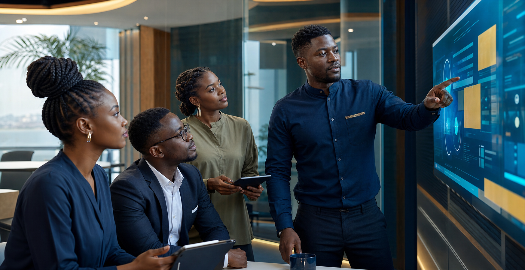 Four Black African technology and innovation leaders evaluating a digital venture in a modern studio