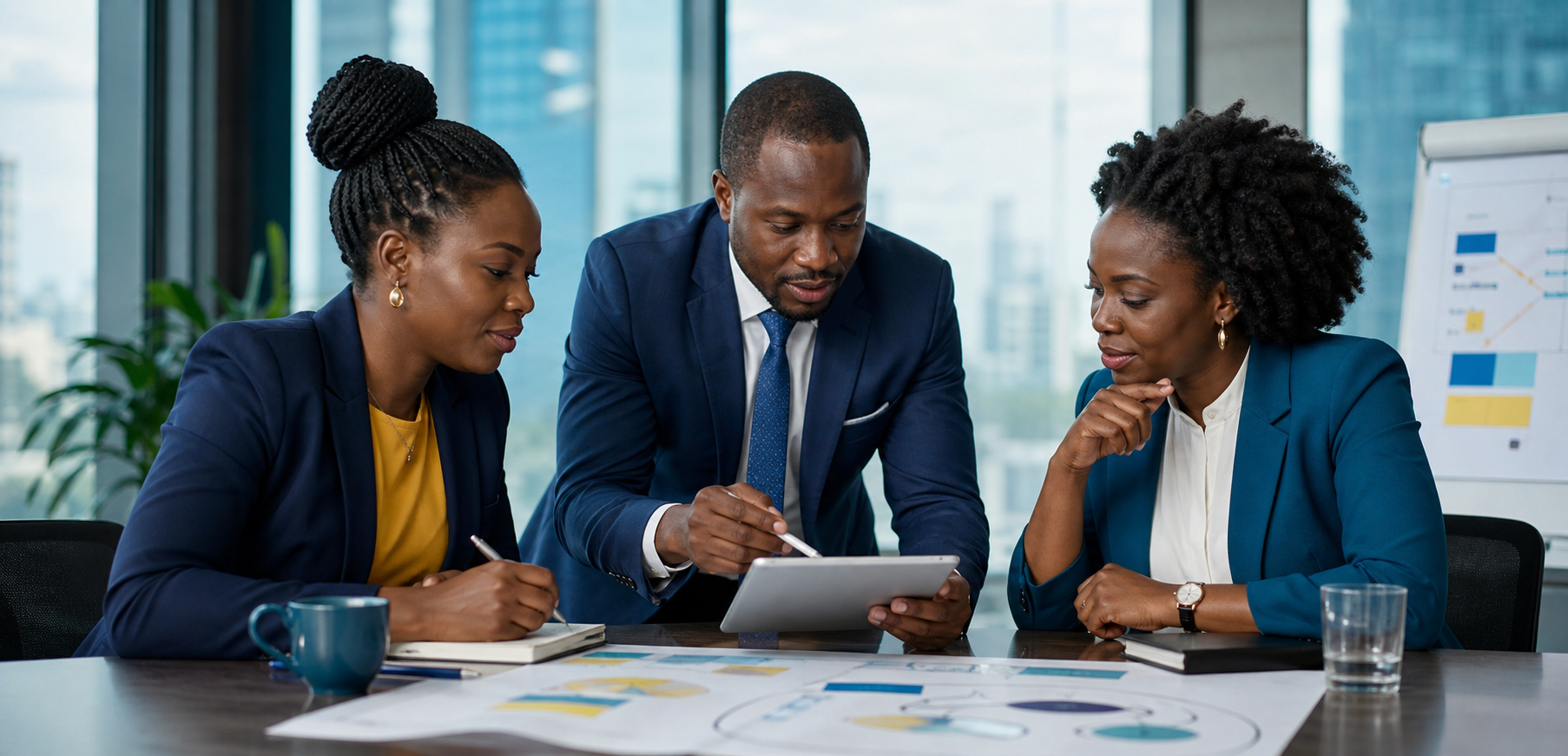 Three Black African executives collaborating on a workforce transformation strategy in a modern office