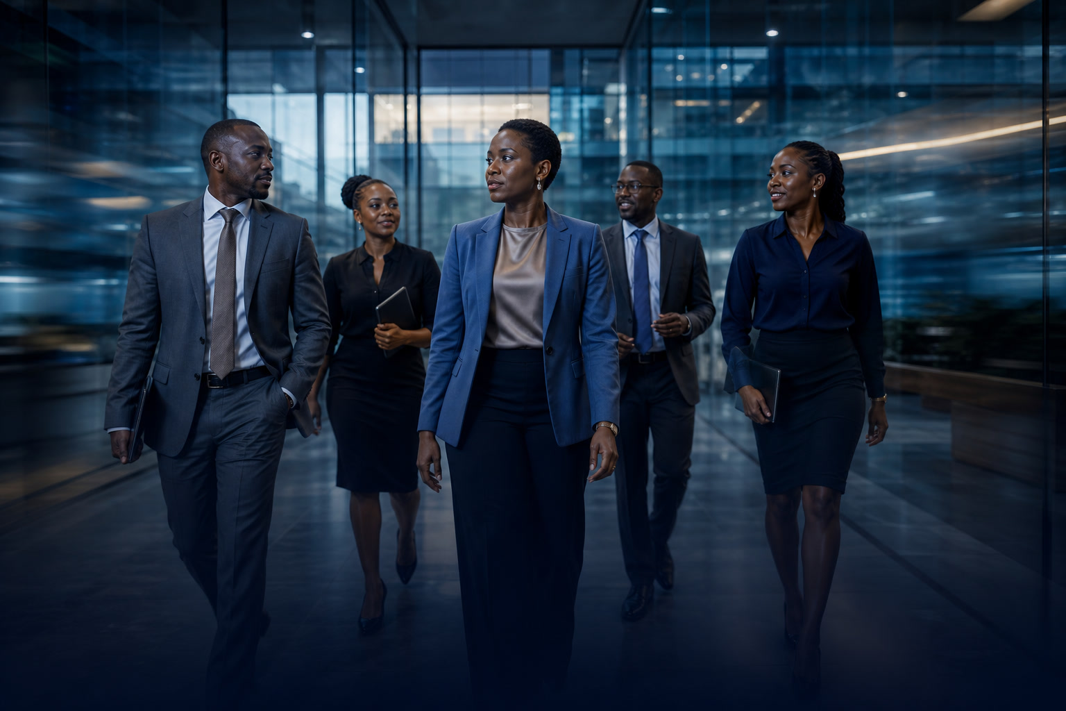 Black African leadership team moving through a modern innovation centre