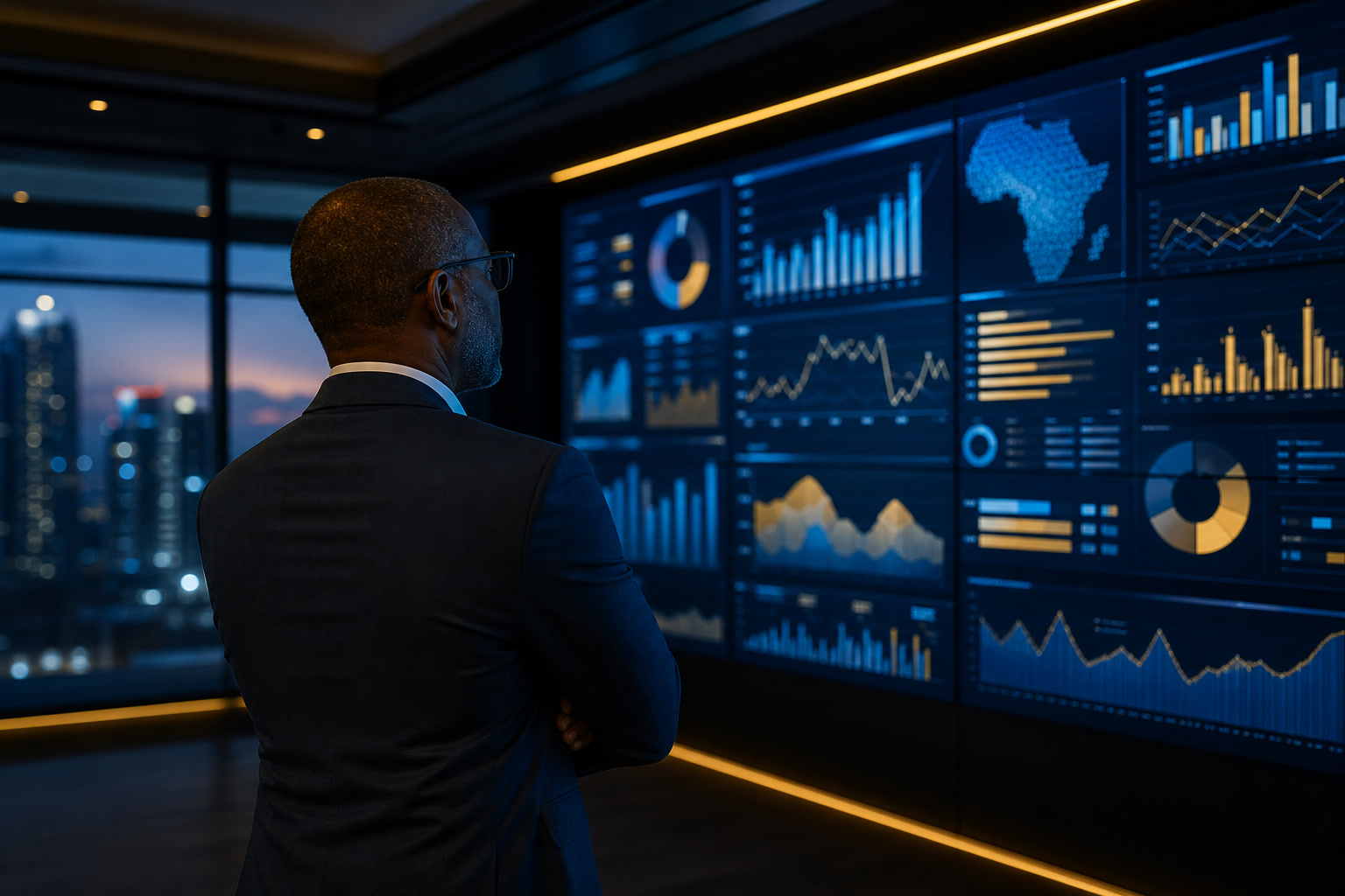 Black African executive reviewing transformation value dashboards