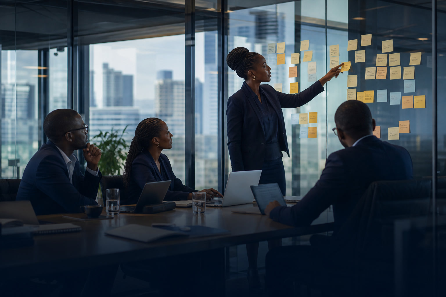 Black African executive team shaping strategy at a glass planning wall